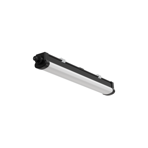 Front view of Black Ultron LED Damp Proof Linear Light showing sleek linear design with polycarbonate housing and frosted diffuser.